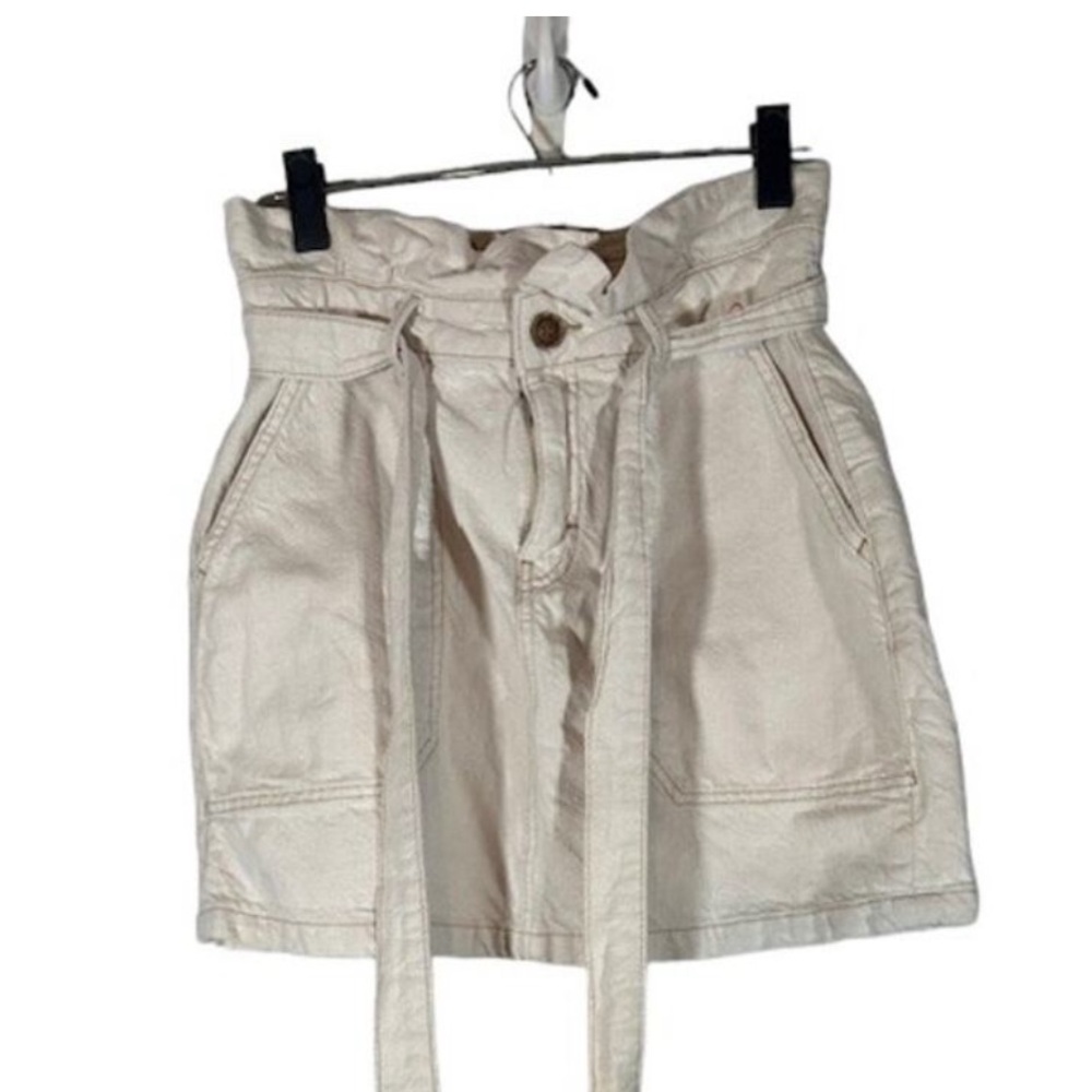 Free People Cream Belted Cotton Blend Jean Denim Mini Skirt Women Sz 4